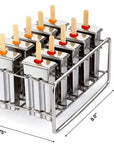 STAINLESS STEEL POPSICLE MOLDS AND RACK, 10 SQUARE SHAPE MOLDS WITH REUSABLE BAMBOO STICKS
